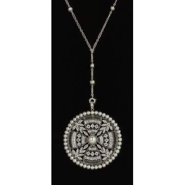 Platinum, Diamond and Pearl Edwardian Era "Y" Chain Necklace