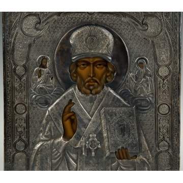 Russian Icon, Patinaed Metal and Hand Painted