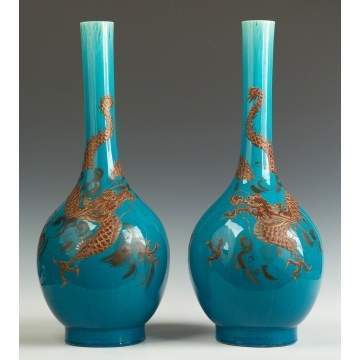 Pair of Asian Bottle Form Vases, Blue Crackle Glaze