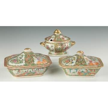 Two Chinese Export Rose Medallion Covered Serving Dishes and a Sauce Tureen