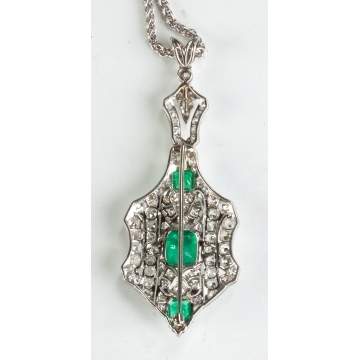 Platinum Antique Edwardian Style Diamond and Natural Emerald Pendant/Brooch 