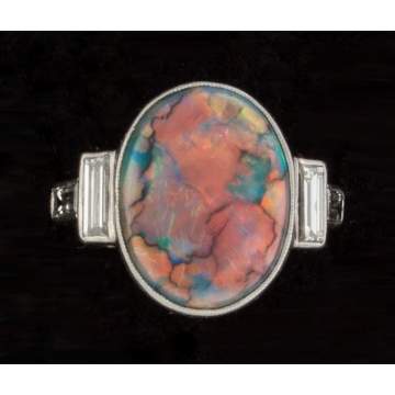 Australian Black Opal, Diamond & Platinum Art Deco Ring
