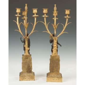 French Gilt Bronze and Bronze Classical Figure Candelabras