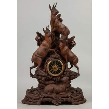 Carved Black Forest Clock with Mountain Goats and Foliage