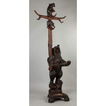 Carved Black Forest Coat Rack and Umbrella Stand with Bear and Cubs