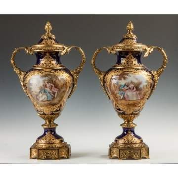 Fine Pair of Sevres Style Porcelain Cobalt Blue Covered Urns with Courting Couples and Landscapes