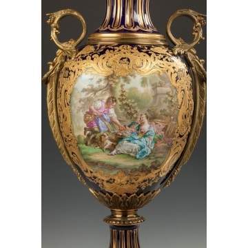 Sevres Hand Painted Porcelain Covered Urn with Courting Couple