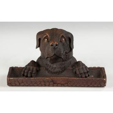 Black Forest Carved Wood Dog Inkwell and Pen Tray