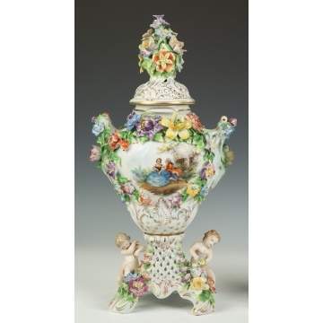 Pair of Dresden Urns with Courting Scenes
