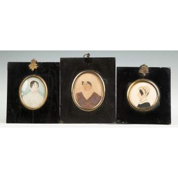 Three Miniature Watercolor Portraits of Women with Bonnets