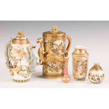Two Satsuma Teapots and Three Miniature Vases