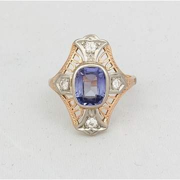 14k Gold Ring with Synthetic Sapphire and Four  Diamonds