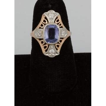 14k Gold Ring with Synthetic Sapphire and Four  Diamonds