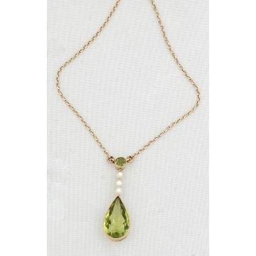 14k Gold Pendant Necklace with Peridot and Pearls