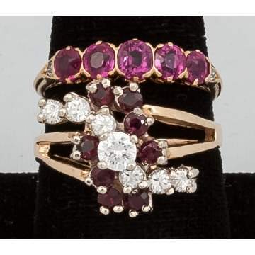 14k Gold Ring with Red Stones and 18k Gold 5 Stone  Pink Sapphire Band with Diamonds