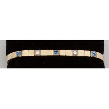 14k Gold Antique Square Link Bracelet with Two   Diamonds and 3 Sapphires