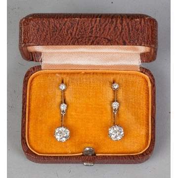 Pair of 18K Yellow Gold, Platinum and Diamond Drop Design Earrings