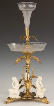 French Gilt Bronze, Bisque Porcelain and Cut Glass  Centerpiece