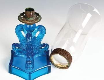 Rare Boston Sandwich Glass Electric Blue Triple  Dolphin Candle Lamp