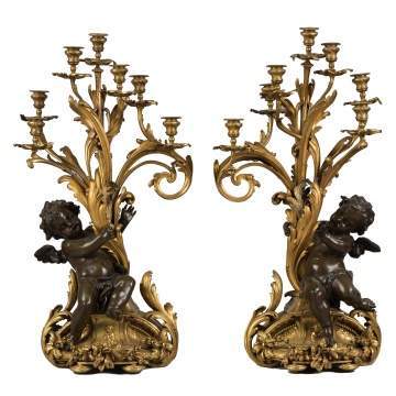 Fine Monumental French Gilt Bronze and Bronze Candelabras with Cherubs French