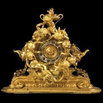 Monumental French Napoleon III Gilt Bronze Mantel Clock With Cherubs