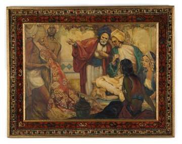 Middle Eastern Painting "Rug Dealer" with a Persian Oriental Rug Boarded Frame