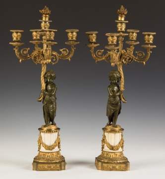 Pair of French Marble and Gilt Bronze Candelabras