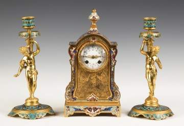 French Champlevé and Gilt Bronze Mantel Clock with Figural Candlesticks