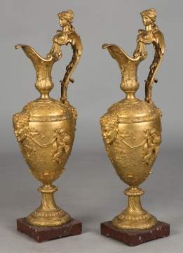 Pair of French Gilt Bronze Ewers, in the Manner of Clodion