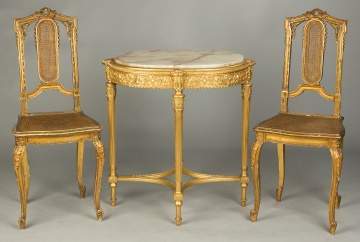French Carved and Gilt Wood Chairs and Side Table