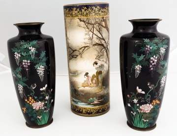 Pair of Japanese Cloisonné Vases and a Japanese Satsuma Vase