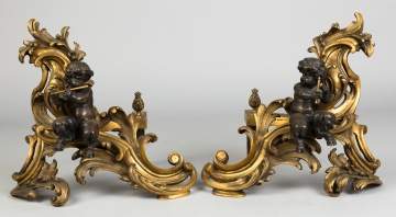 A Pair of Gilt Bronze and Bronze French Chenets with Putti