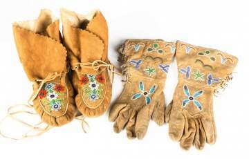 Pair of Native American Beaded Buckskin Moccasins  and Gloves