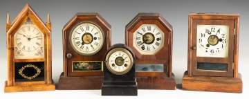 Group of Miniature Cottage Clocks and a Terryville  Iron Front