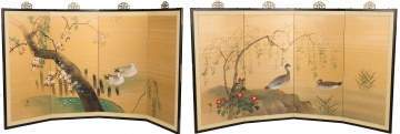 Pair of Painted Japanese Folding Screens