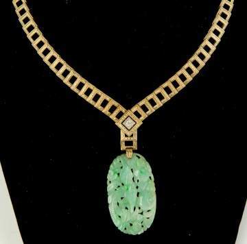 14K Gold Necklace with Carved Jade Pendant