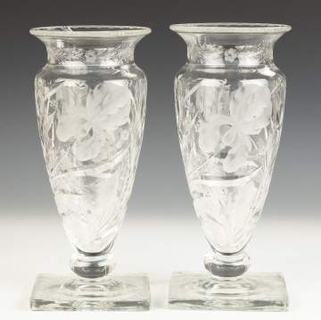 Pair of Hawkes Cut Glass Vases with Irises