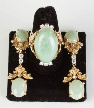 Vintage 14K Gold, Jade and Diamond Ring and Earrings