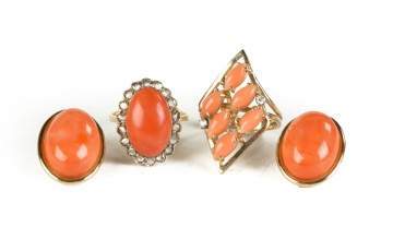 Two Natural Coral Rings and a Pair of Earrings