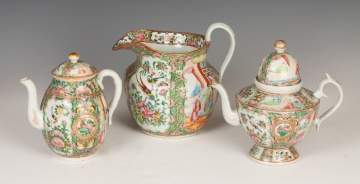 Chinese Rose Medallion Pitcher and Two Teapots