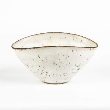 Lucie Rie (English, 1902-1995) Oval White Bowl with Dark Rim and Translucent Spots