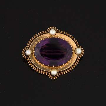 Amethyst and 14K Gold Pin with Natural Pearls