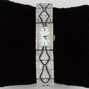 Ladies Platinum, Diamond and Sapphire Art Deco Design Wrist Watch