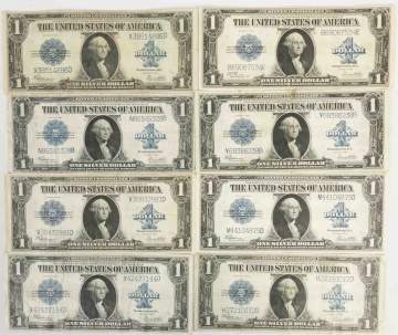 Eight 1923 $1 Silver Certificates