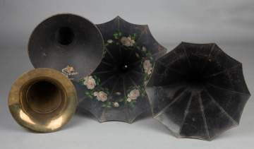 Two Morning Glory Phonograph Horns, A Brass Horn and A Magnivox Cygnet Style Horn