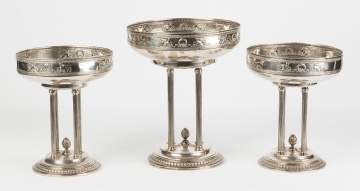 Three Judaica Silver Compotes with Pillars and Relief  Decoration
