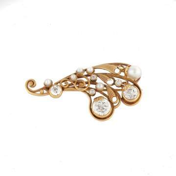 Antique Diamond and Pearl 18K Gold Brooch