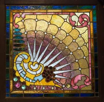 Leaded Glass and Jeweled Window with Nautilus Shell Design