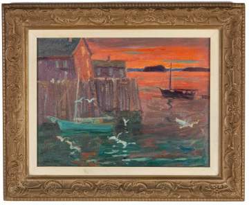 Jonas Lie (American/Norwegian, 1880-1940) Harbor Scene at Sunset