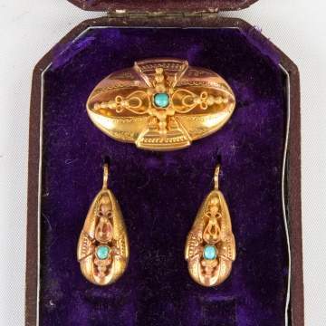 Gold and Turquoise Brooch and Earrings